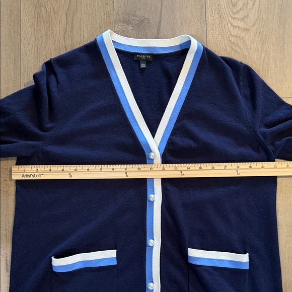 Talbots Women's Super Soft Tipped Cardigan Size XLP Navy Blue White Button Front - Picture 9 of 11